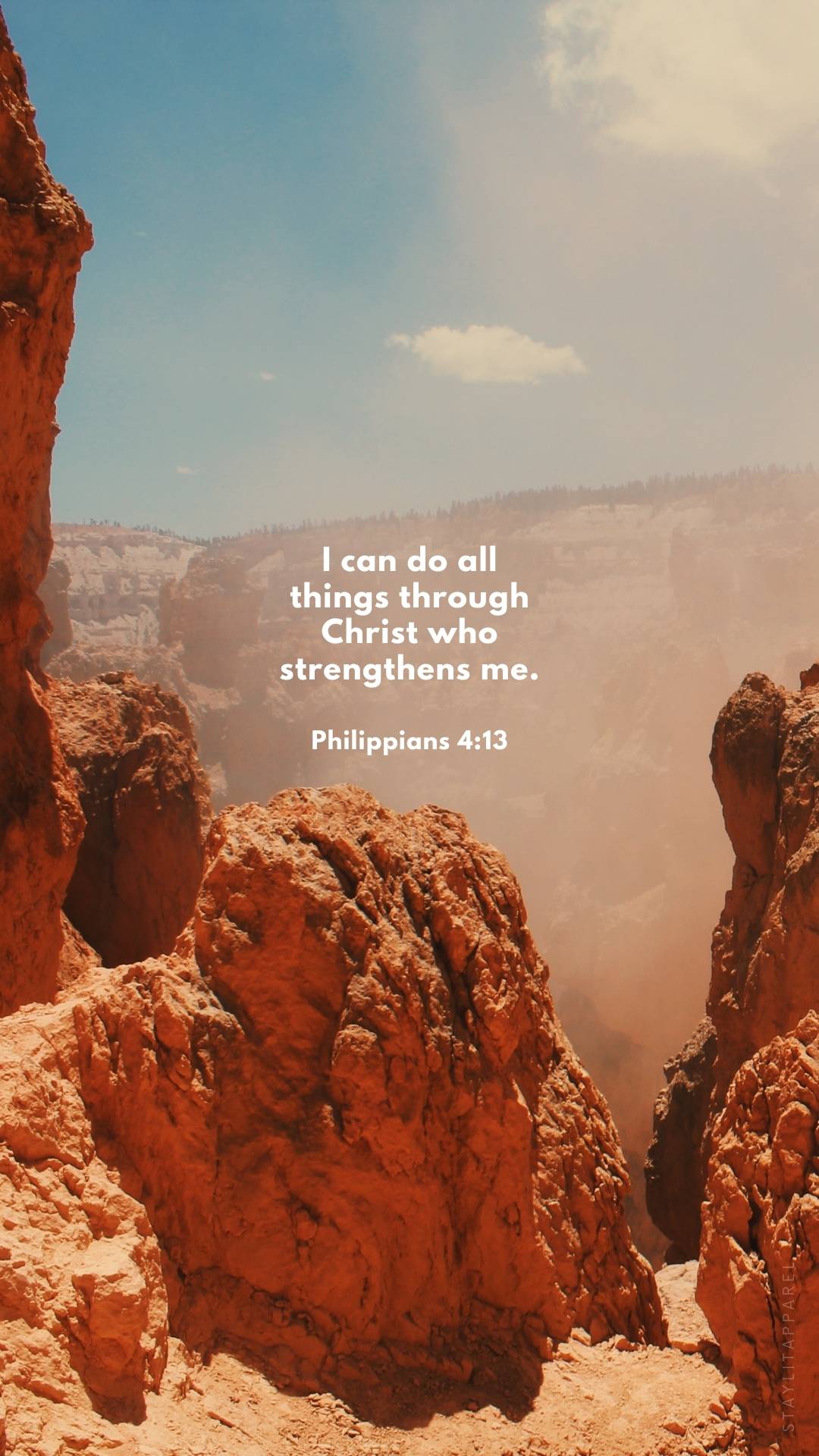 Philippians 4:13 verse over red canyon landscape, part of 16 Bible Verses About God's Mighty Power | Free Download inspirational phone wallpapers.