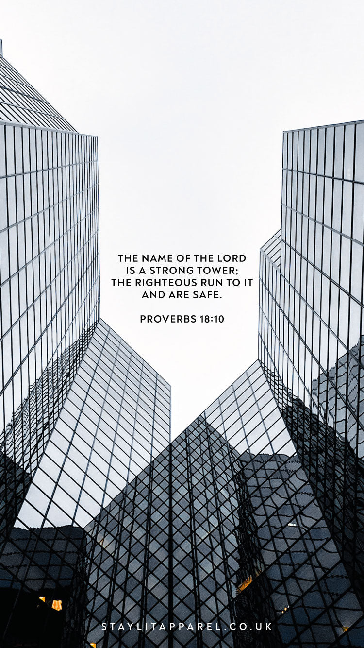 Modern architectural design with a quote from Proverbs 18:10 on a white background. 