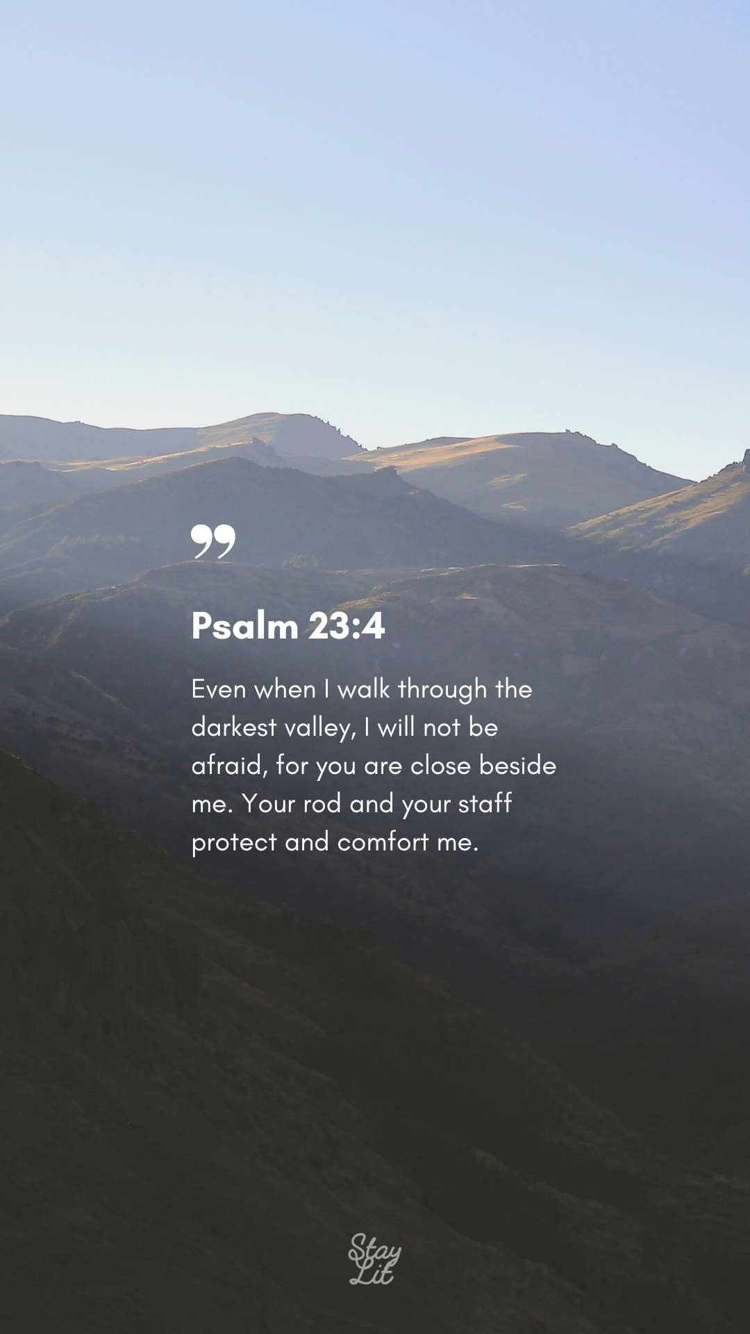 Psalm 23:4 scripture wallpaper with serene mountain valley. Free digital Bible verse art for comfort in dark times.