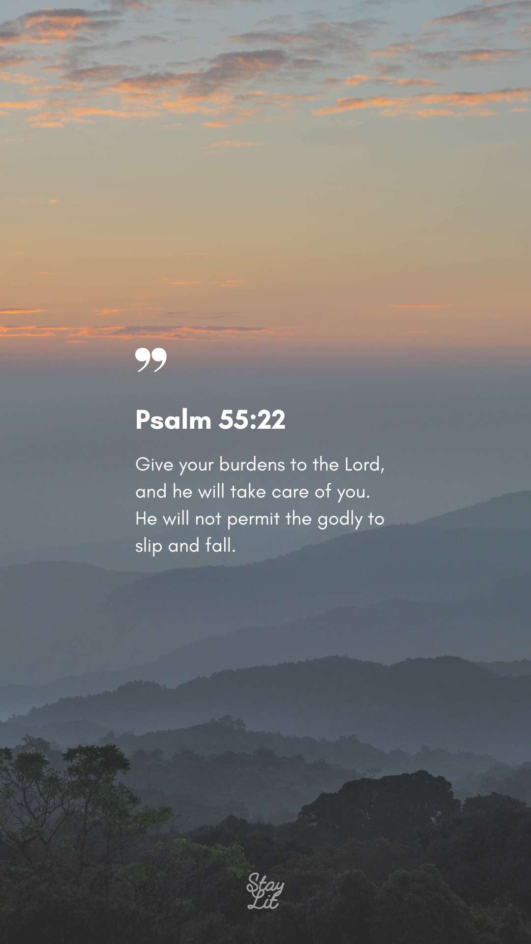 Psalm 55:22 phone wallpaper with misty forest sunrise. Digital scripture artwork for trusting God with your burdens.