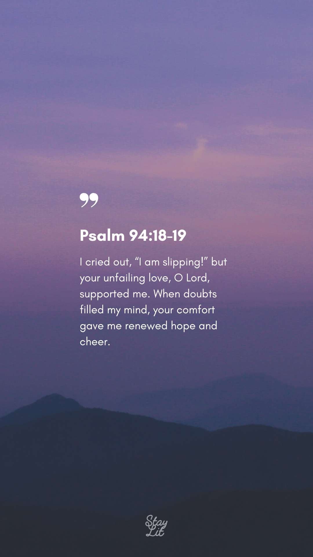 Psalm 94:18-19 Bible verse wallpaper with purple dusk mountains. Free digital download for hope and comfort in fear.