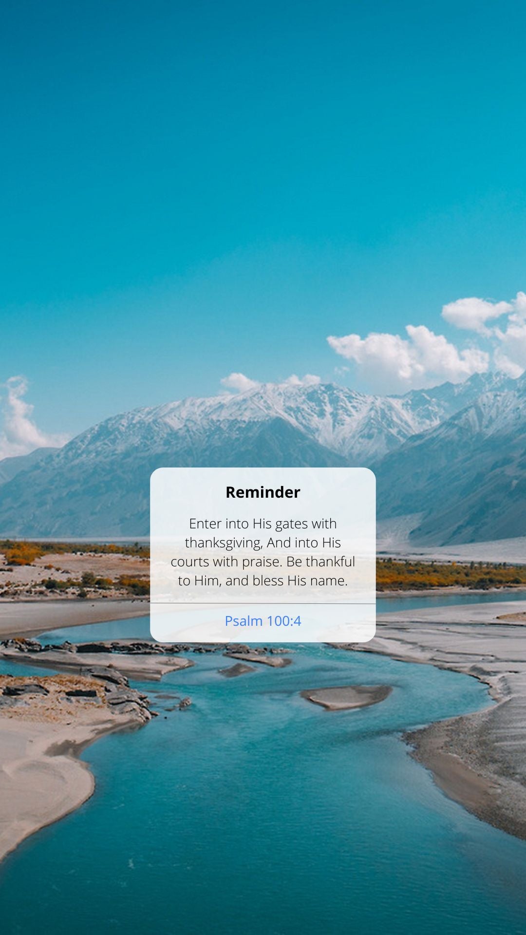 Scenic view of a river and mountains with a text overlay on a blue sky background