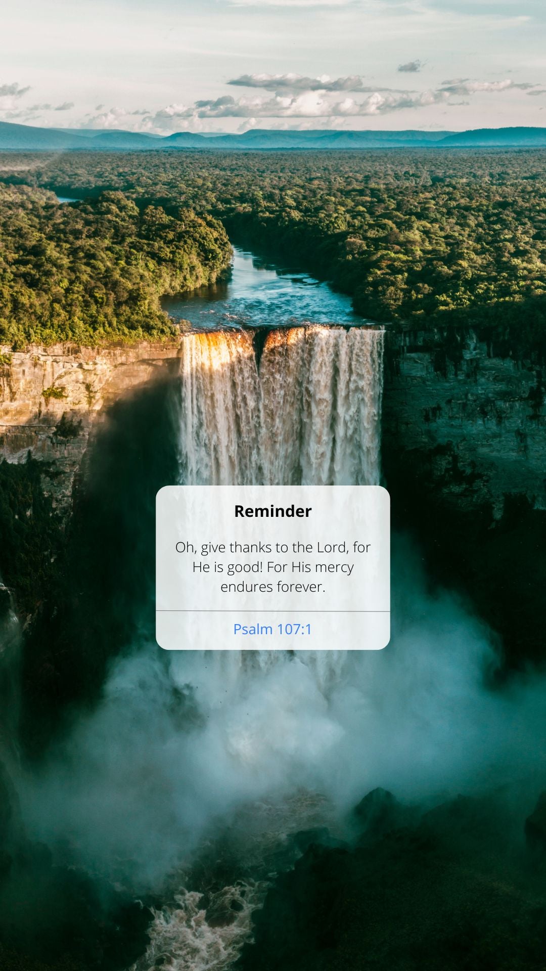 Scenic view of a waterfall with a text overlay on a smartphone screen.