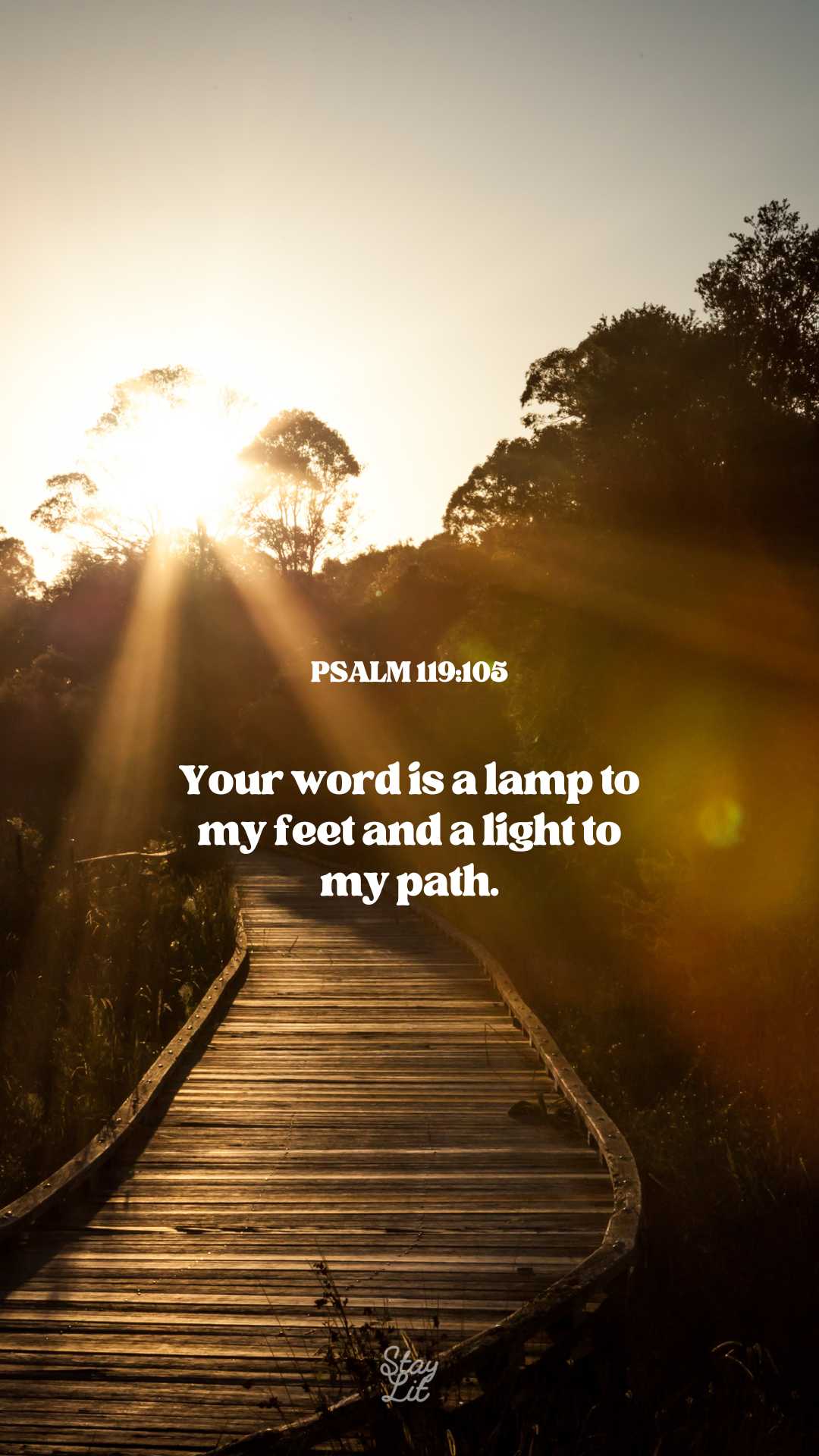 Wooden pathway leading into the sunset with a religious quote overlay.
