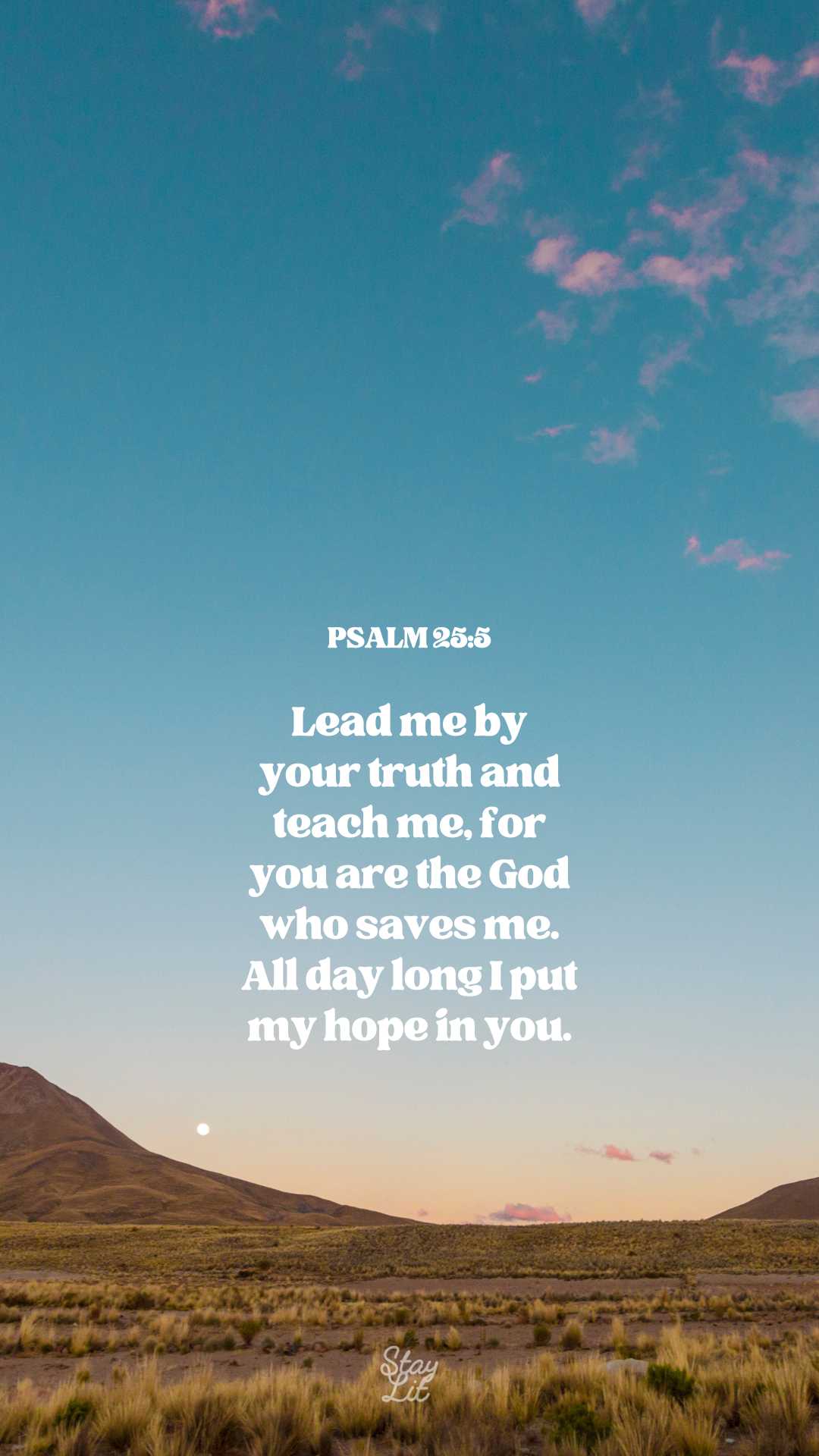 Scenic landscape with a quote from Psalm 33:8 on a clear sky background