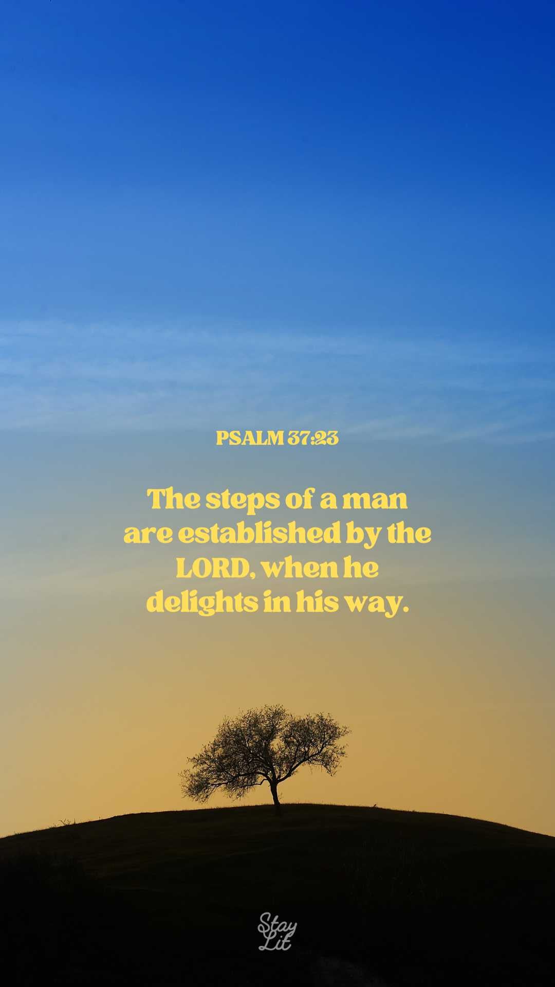 Silhouette of a tree on a hill with a blue and orange gradient sky and a Bible verse quote.