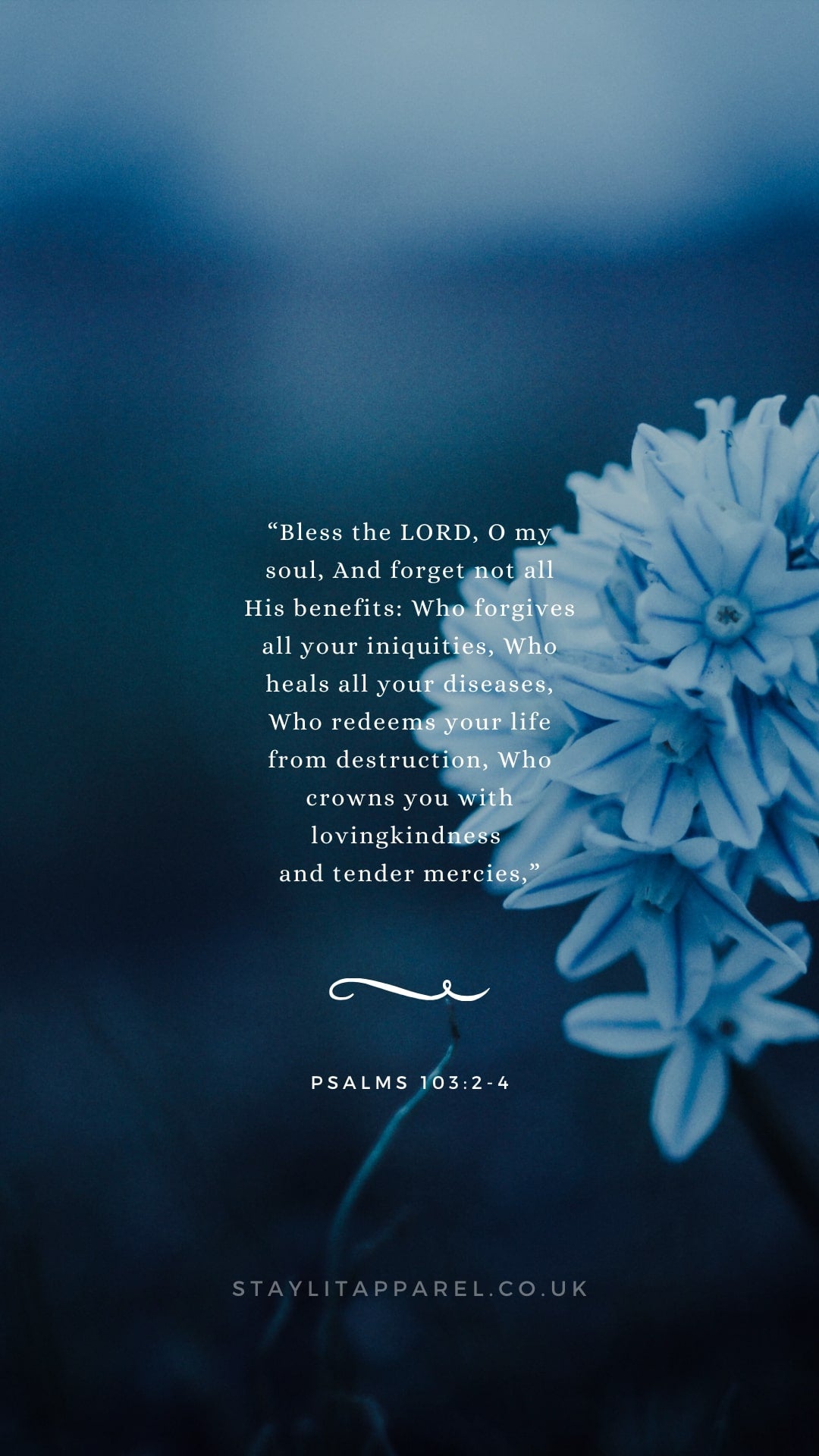 Blue flower with a biblical quote on a dark blue background