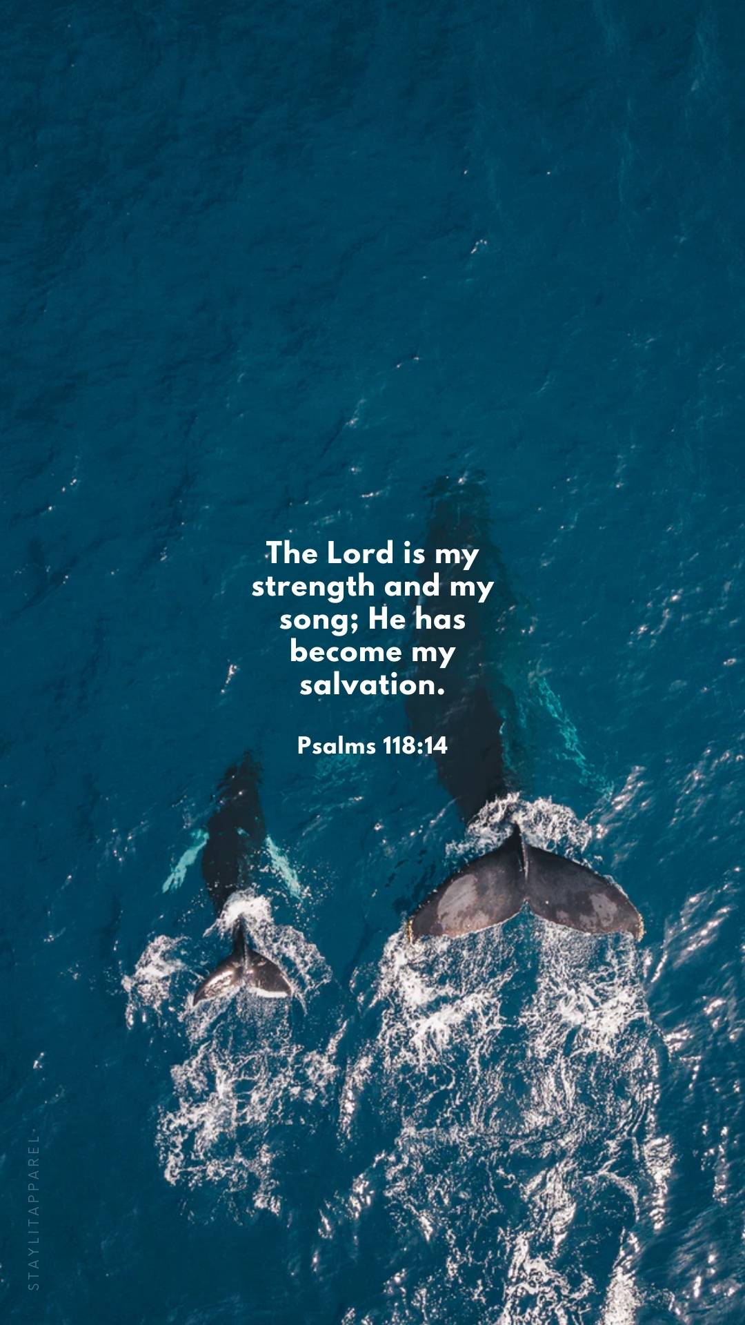 Psalms 118:14 verse with two whales in ocean, featured in 16 Bible Verses About God's Mighty Power | Free Download Christian digital artwork set.