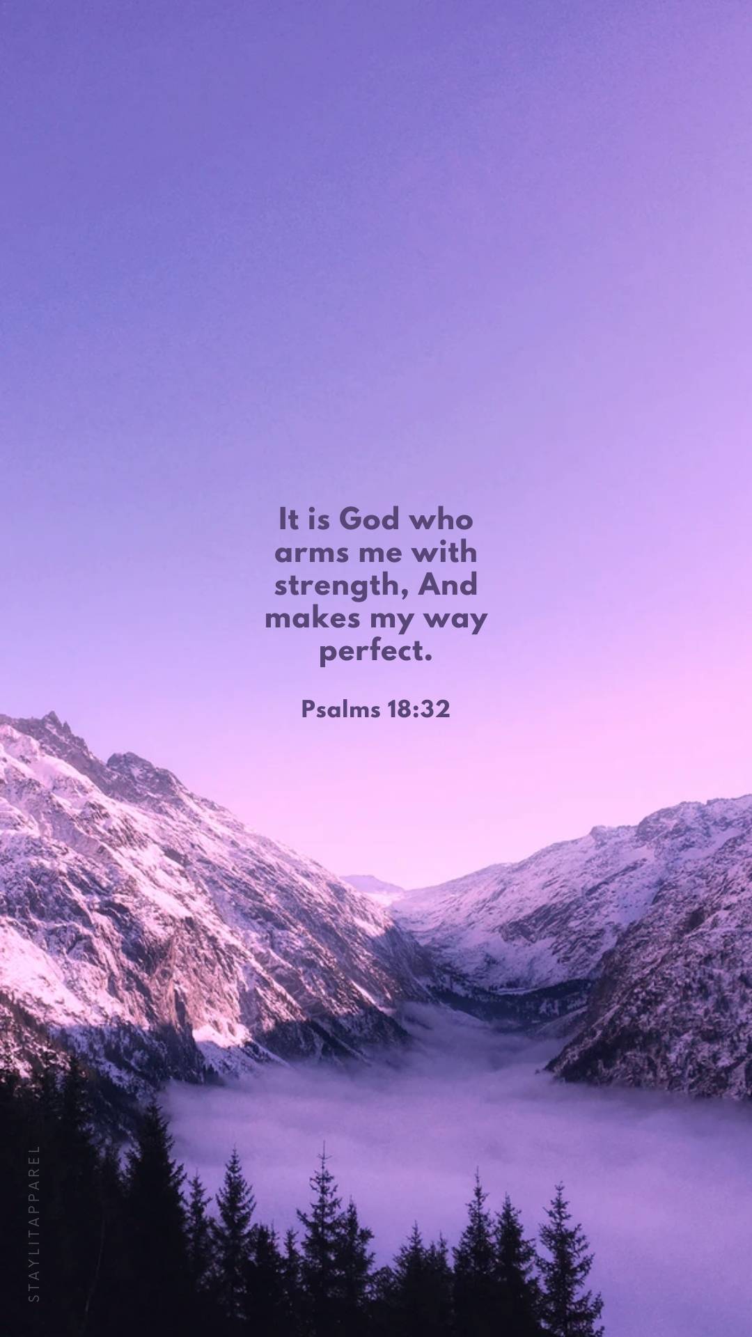Psalms 18:32 verse on snowy mountain backdrop, featured in 16 Bible Verses About God's Mighty Power | Free Download Christian digital artwork set.
