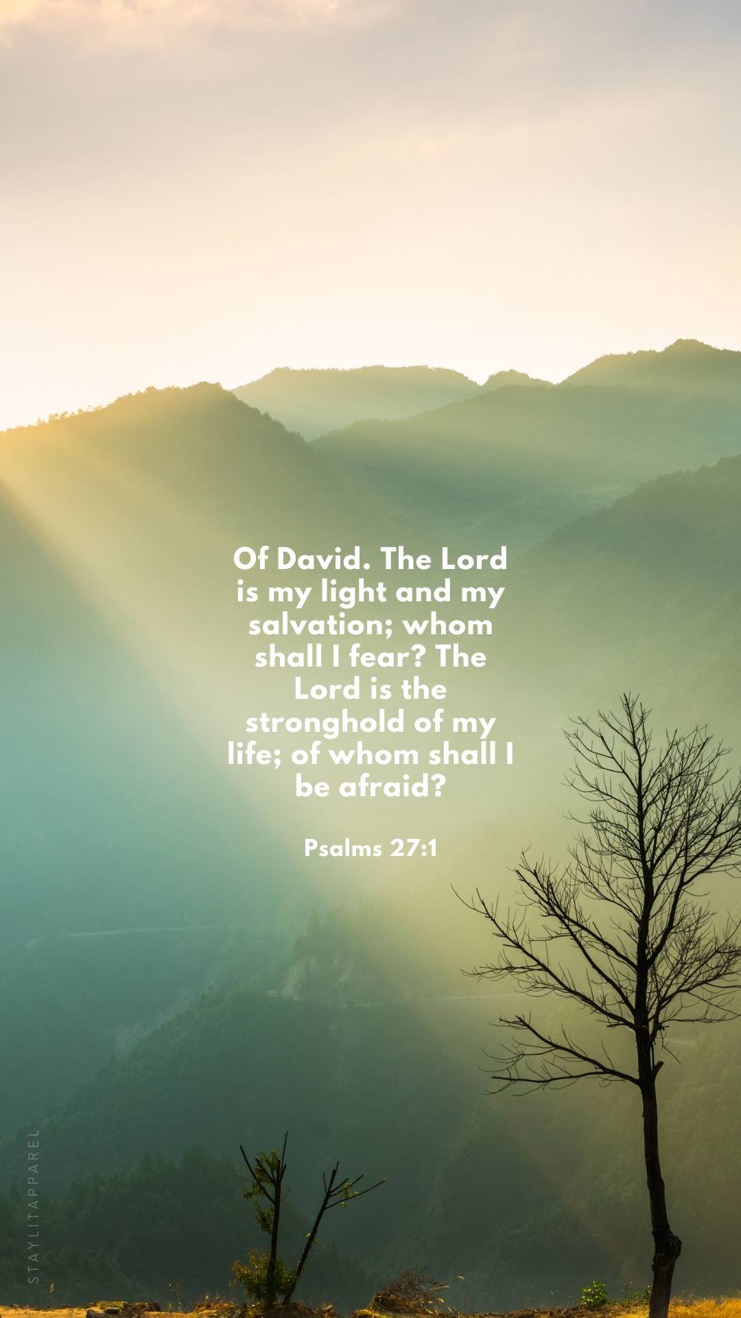 Psalms 27:1 verse over misty mountain sunrise, included in 16 Bible Verses About God's Mighty Power | Free Download encouraging phone wallpapers.