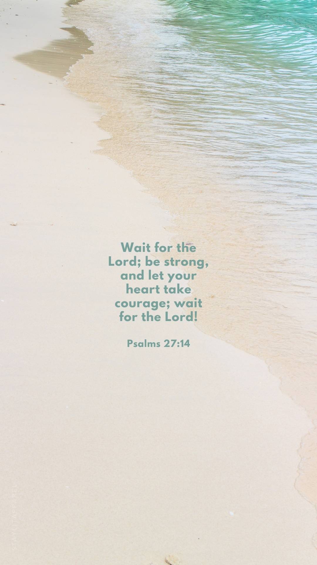 Psalms 27:14 verse on serene beach shoreline, part of 16 Bible Verses About God's Mighty Power | Free Download digital scripture wallpaper pack.