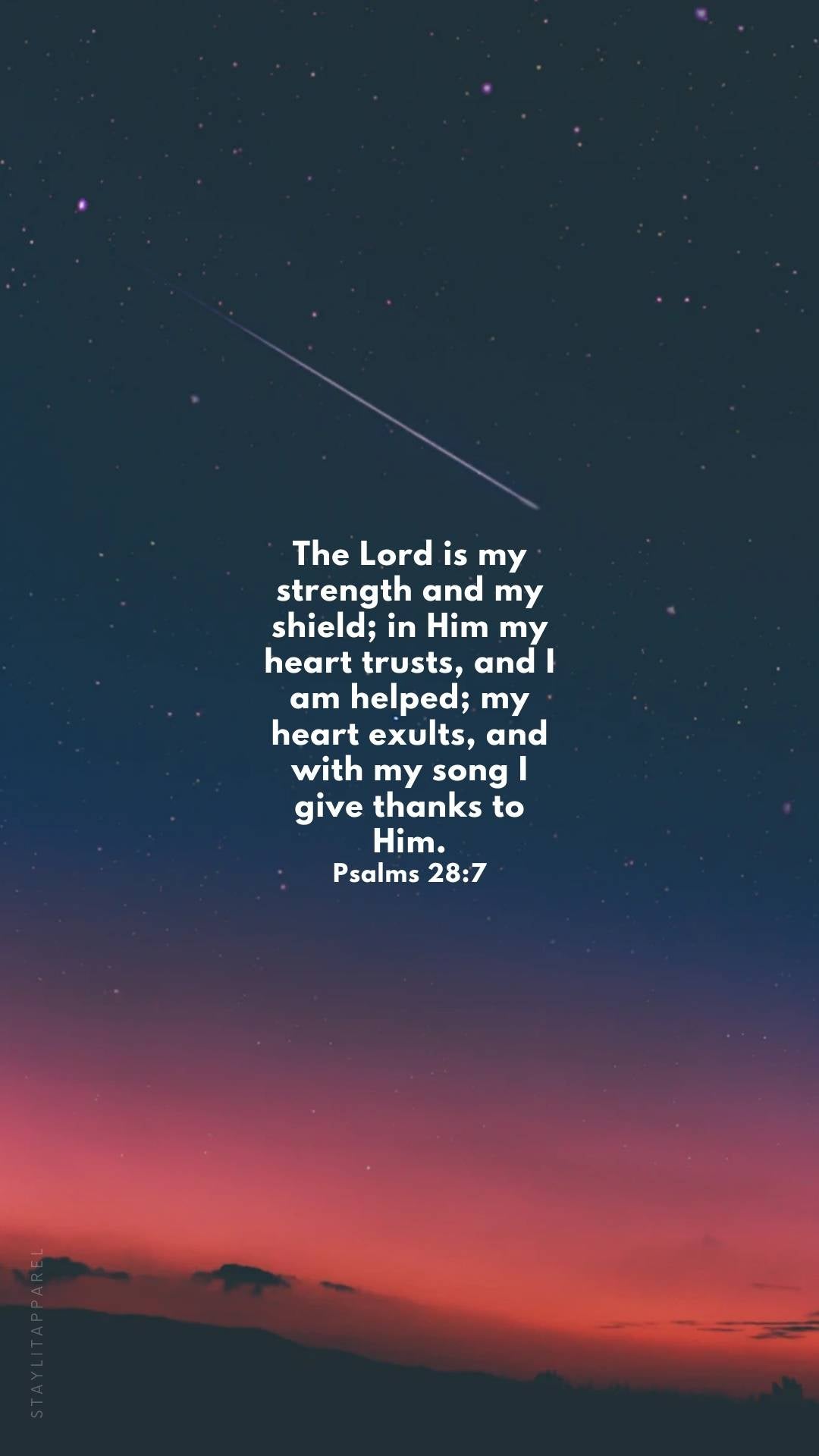 Psalms 28:7 verse over twilight sky with stars, featured in 16 Bible Verses About God's Mighty Power | Free Download Christian phone backgrounds.