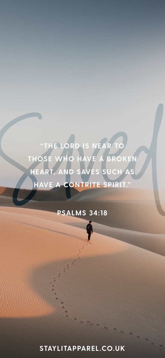 Person walking on sand with Psalm 34:18 quote and StaylitApparel.co.uk branding.