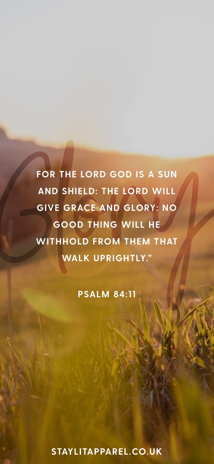 Sunset landscape with Psalm 84:11 text overlay