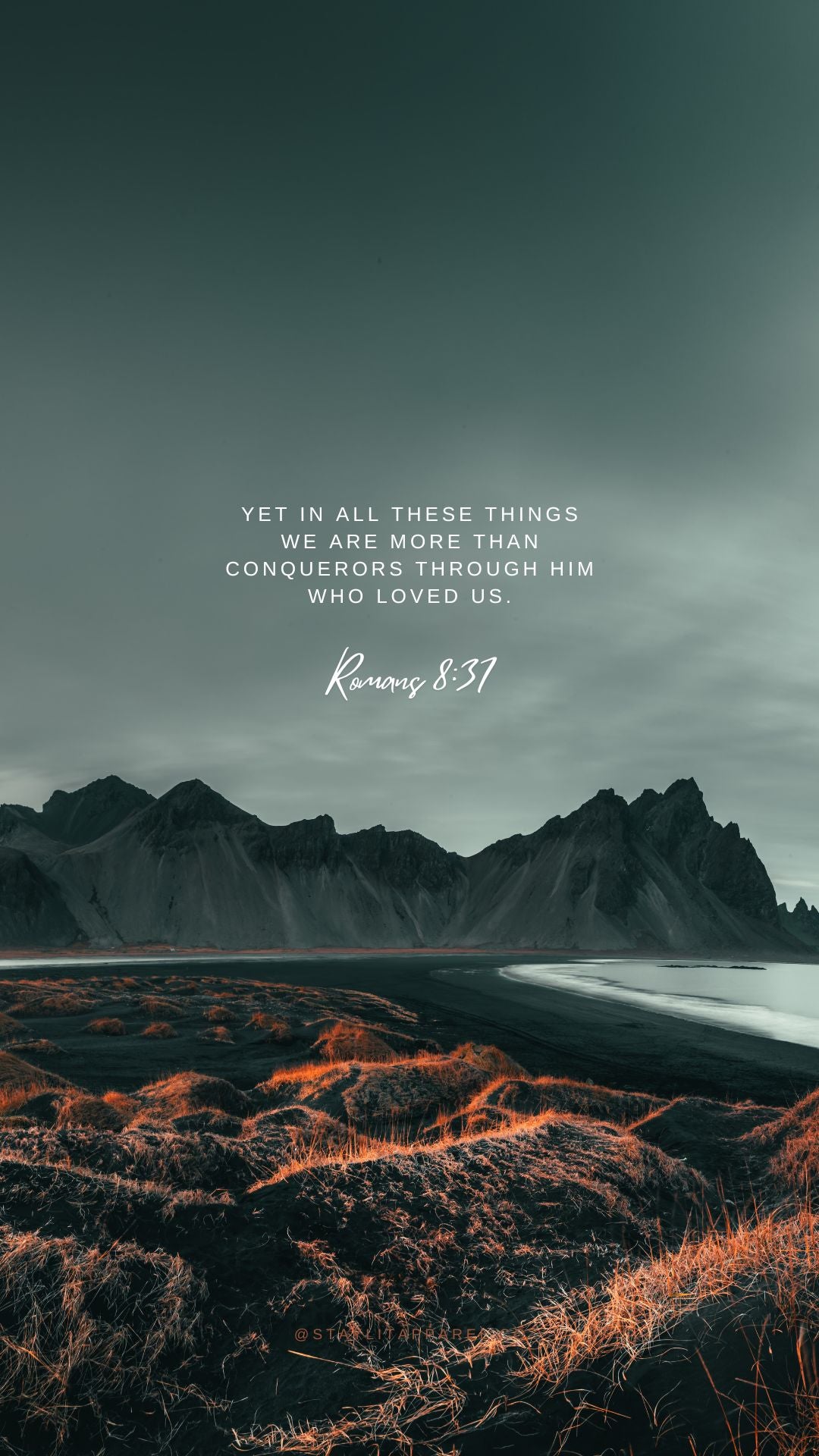 Scenic landscape with mountains and text overlay on a dark background