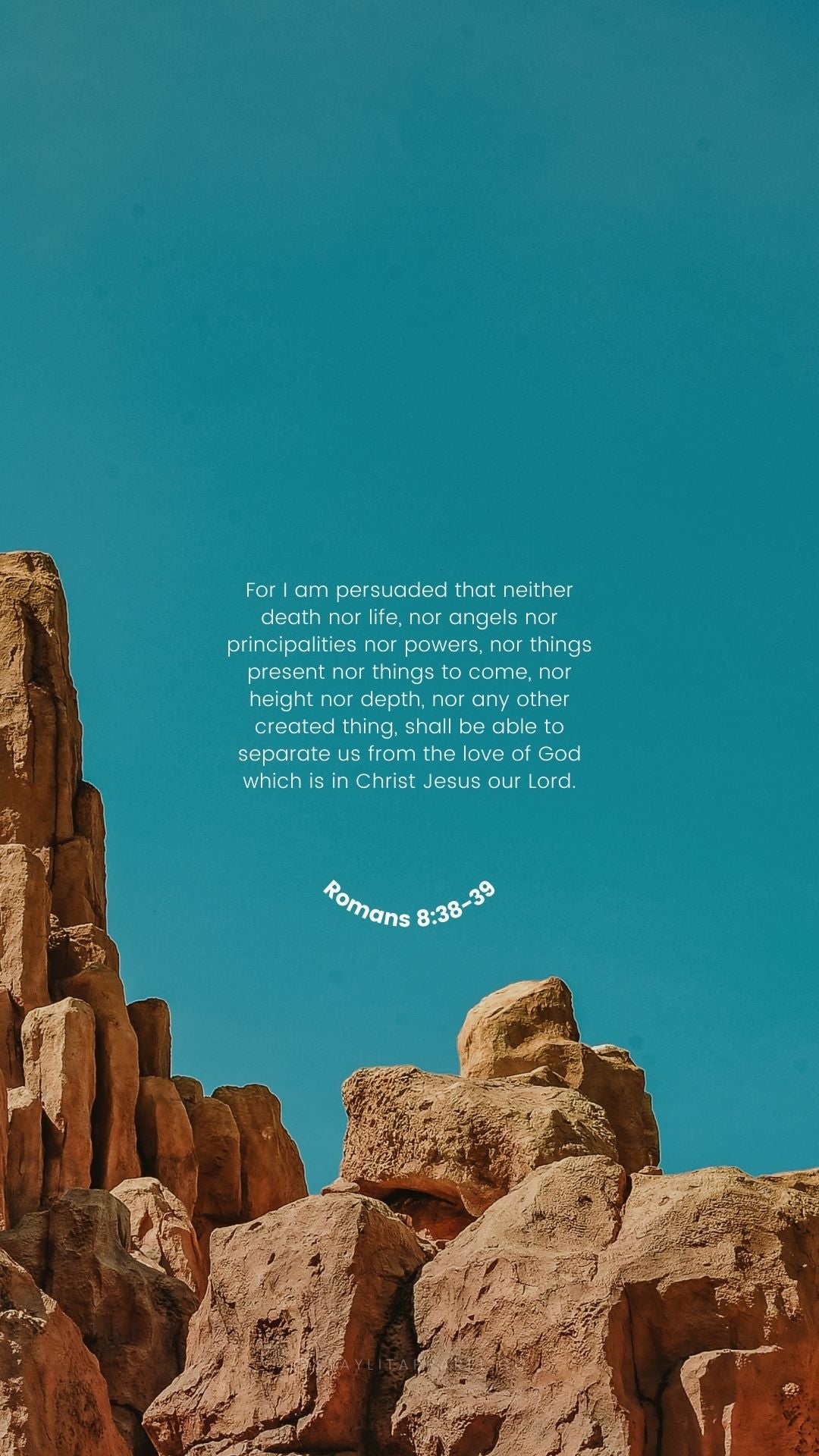Rocky landscape with a blue sky and a biblical verse quote.