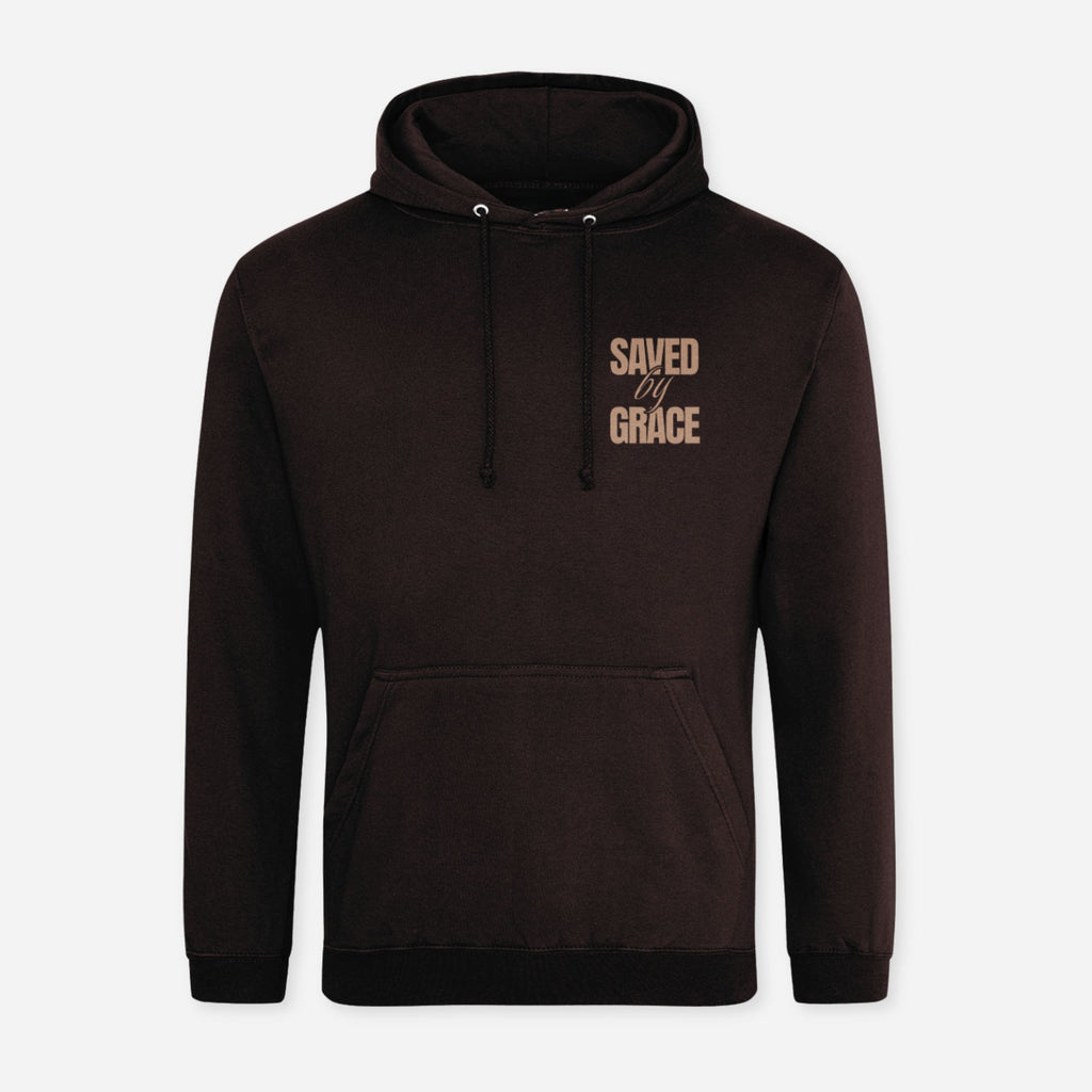A dark brown pullover hoodie with 'SAVED BY GRACE' printed in a light beige font on the left chest, displayed on a clean light gray background.