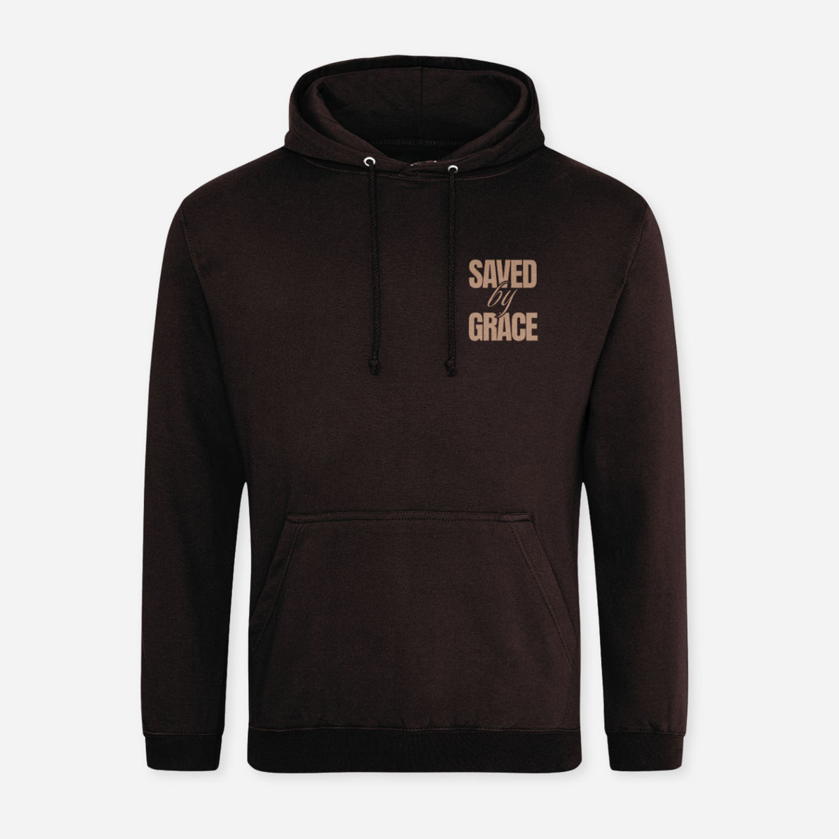 A dark brown pullover hoodie with 'SAVED BY GRACE' printed in a light beige font on the left chest, displayed on a clean light gray background.
