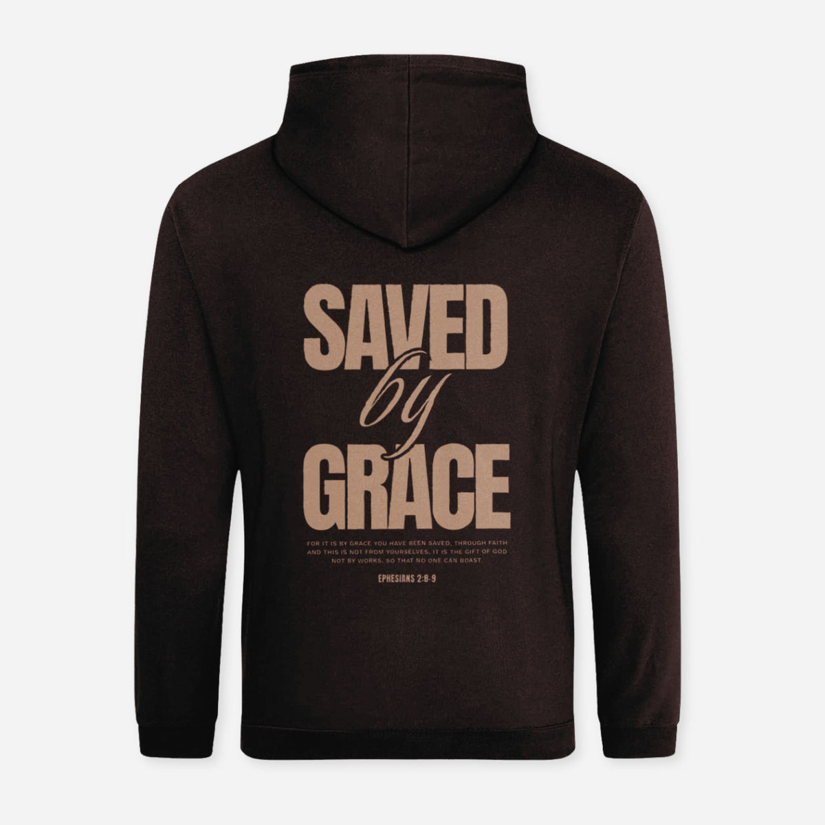 A dark brown hoodie shown from the back, featuring the text 'SAVED by GRACE' printed in a beige and black font on the back, set against a light gray background.