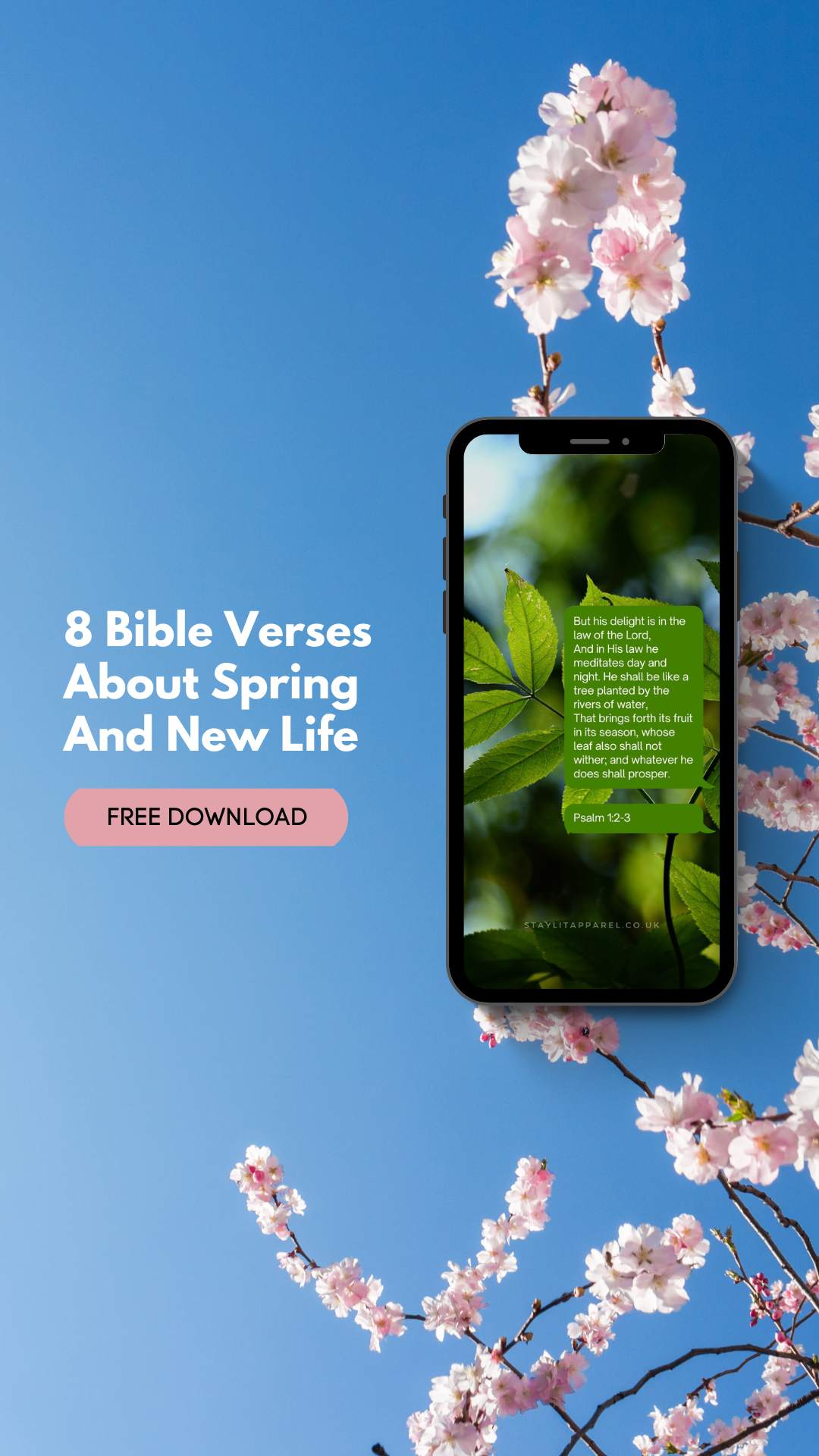 Phone with Bible verses on screen surrounded by cherry blossoms against a blue sky