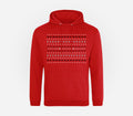 Red Christmas hoodie with a pattern and text by Stay Lit Apparel