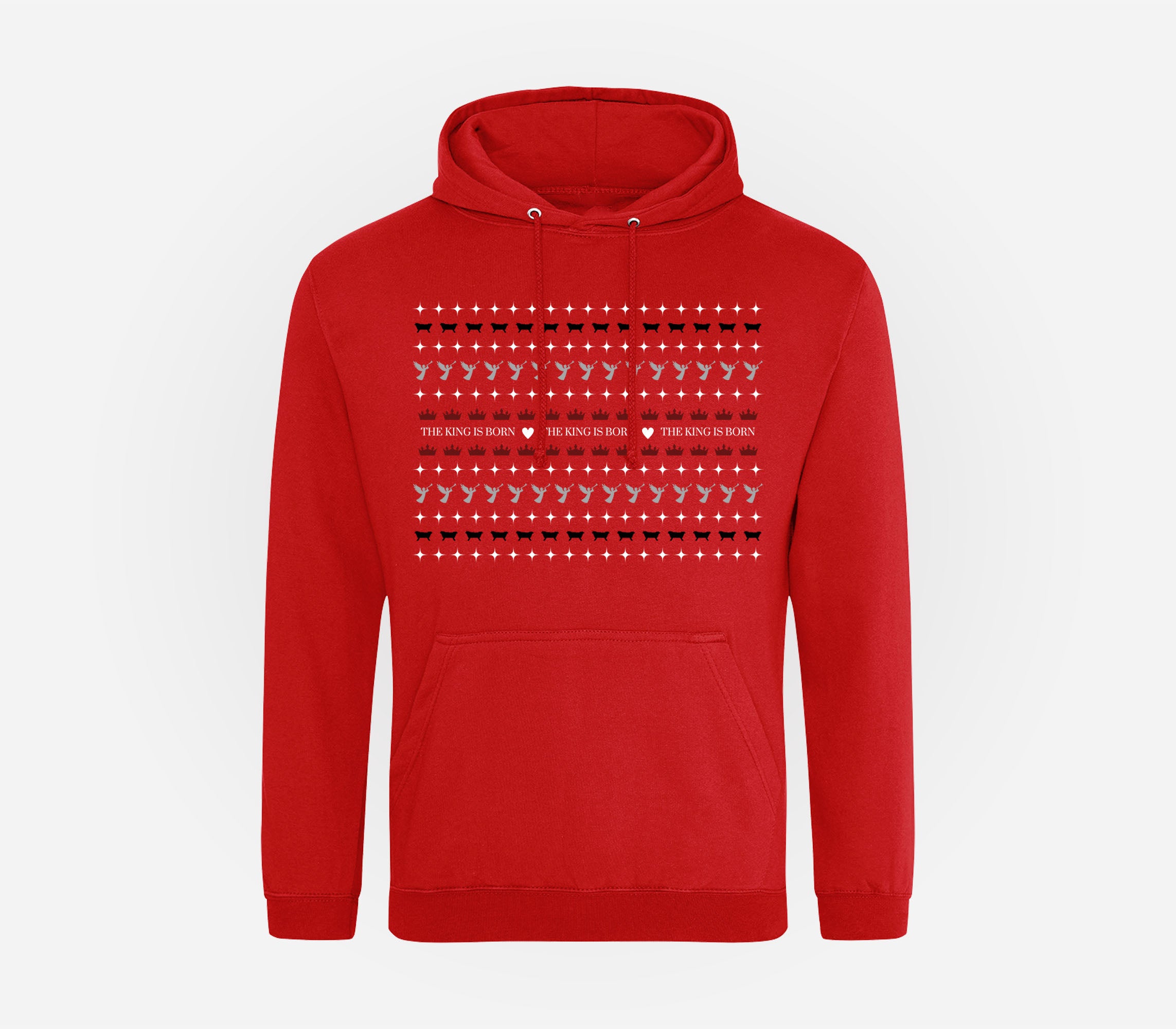 Red Christmas hoodie with a pattern and text by Stay Lit Apparel