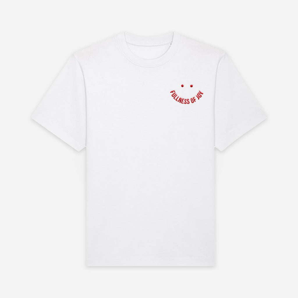 Fullness of joy embroidered white t-shirt stay lit apparel