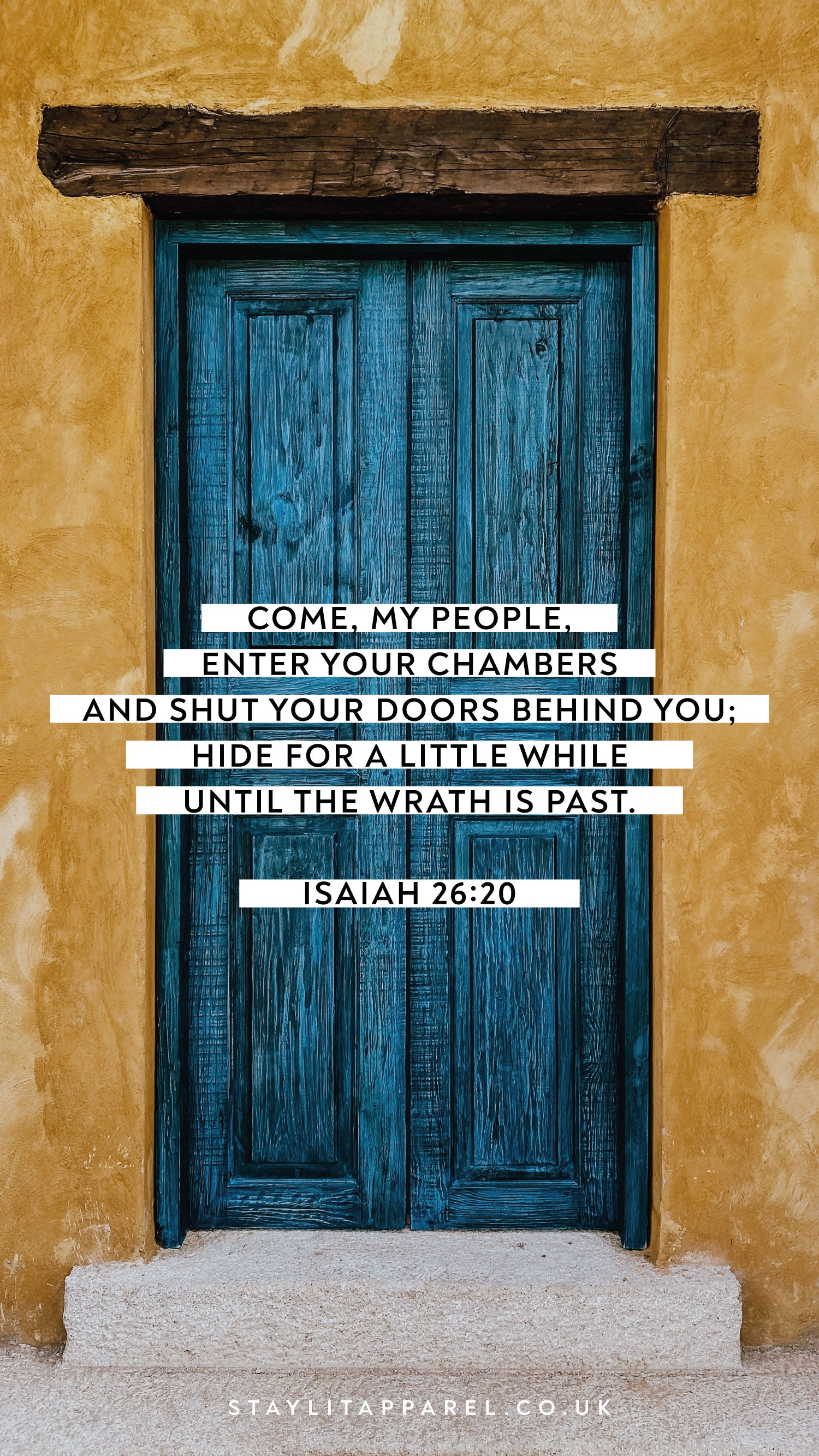 Blue wooden door on a yellow wall with a biblical quote and branding. 