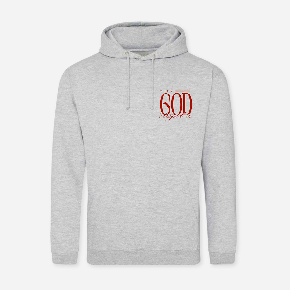 A light gray heather pullover hoodie with a red graphic print on the left chest reading 'GOD' in a stylized font, shown against a plain light gray background.